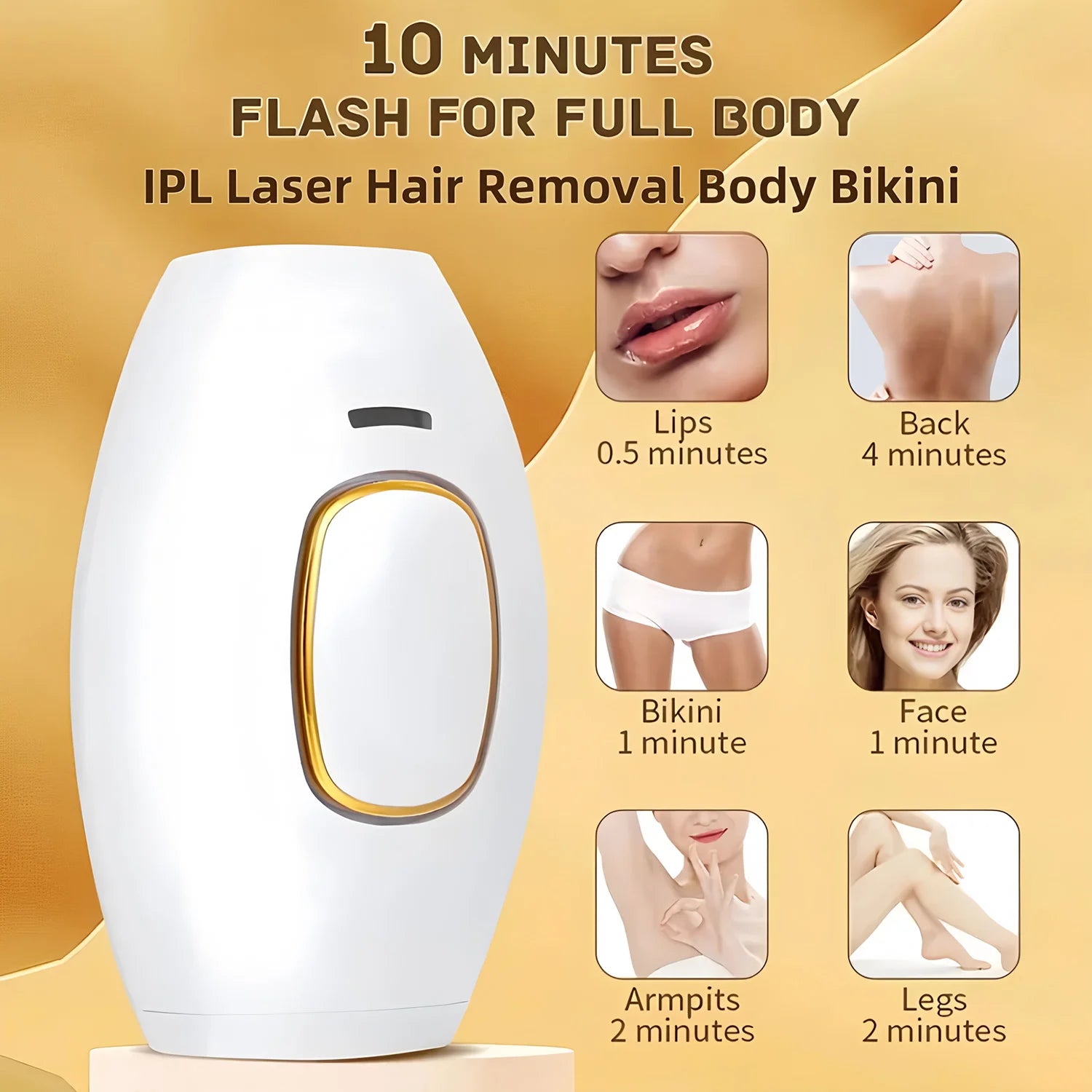 IPL laser hair removal device with usage time information on a yellow background